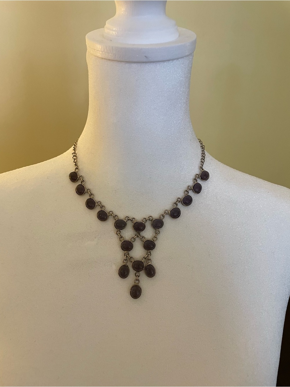 Vintage Style Silver Necklace with Purple Cabochons